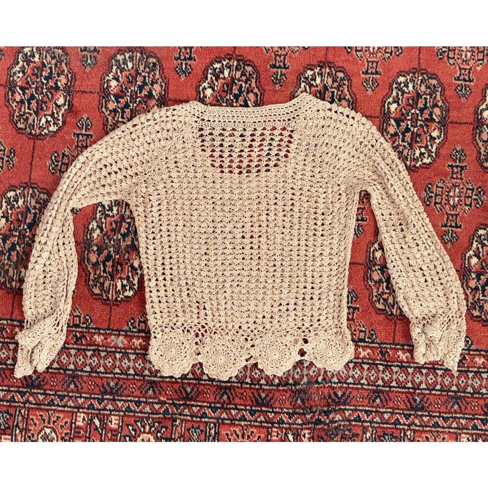 Women's S/XS‎ Beige See Through Stretchy Crochet Crop Top Scalloped Edges